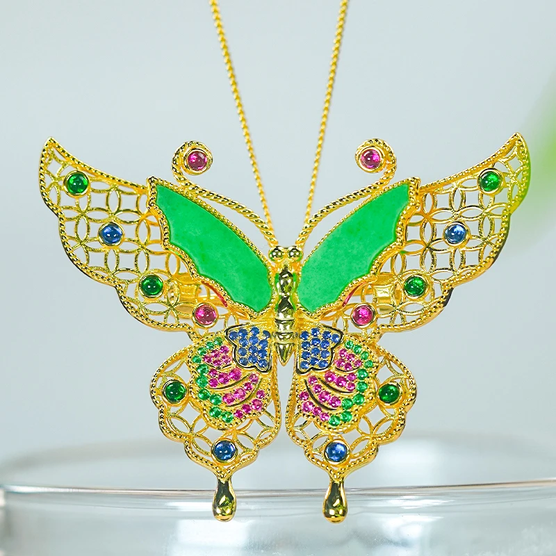 新中式国风大气精致设计银镶天然阳绿翡翠A货蝴蝶胸针吊坠两用款