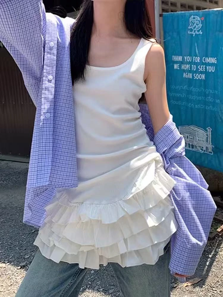 芭蕾风法式U领白色连衣裙可外穿可内搭花边下摆吊带背心裙子女夏