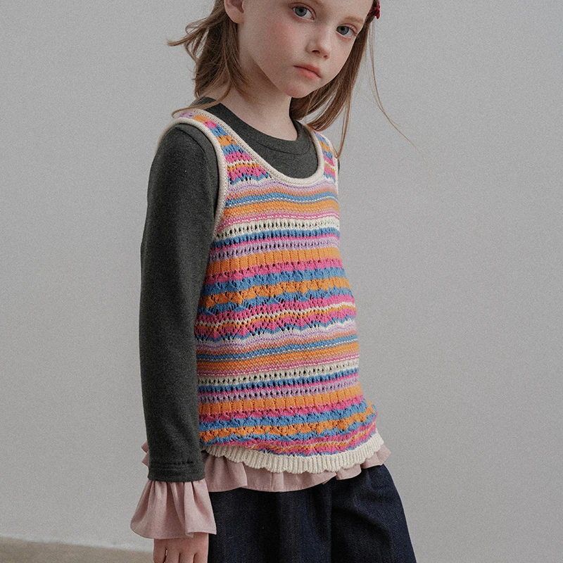 史豌豆女童镂空彩虹针织背心 Y3965
