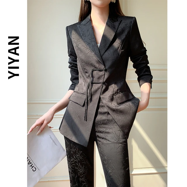 中式国风西装套装女秋季新款垫肩职业装气质高端黑色总裁休闲西服