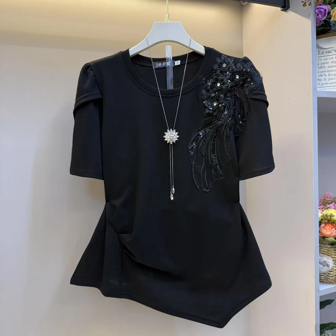 时尚大码女装设计感2025夏季亮片工艺胖妹妹短袖T恤