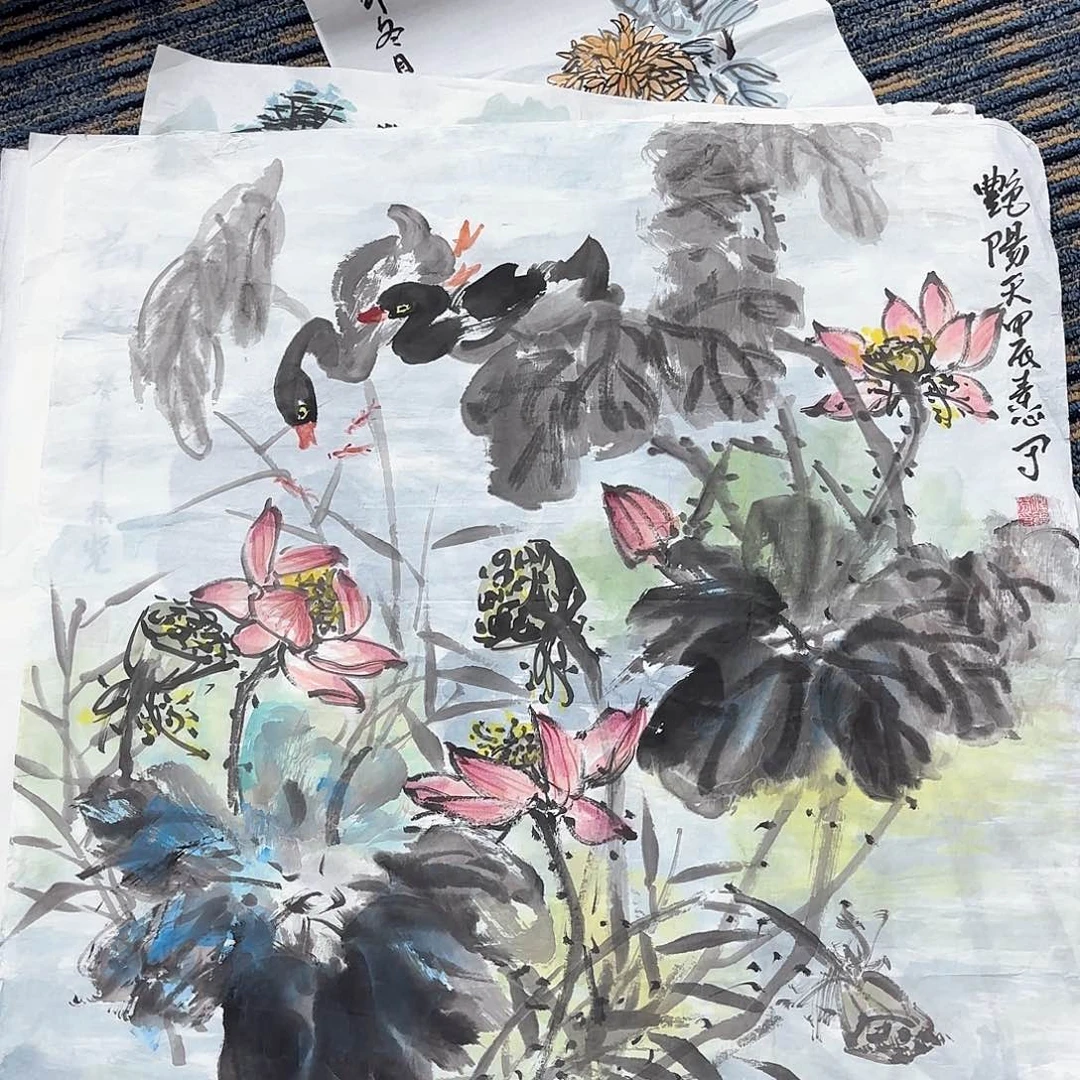 国画斗方花鸟作品朱