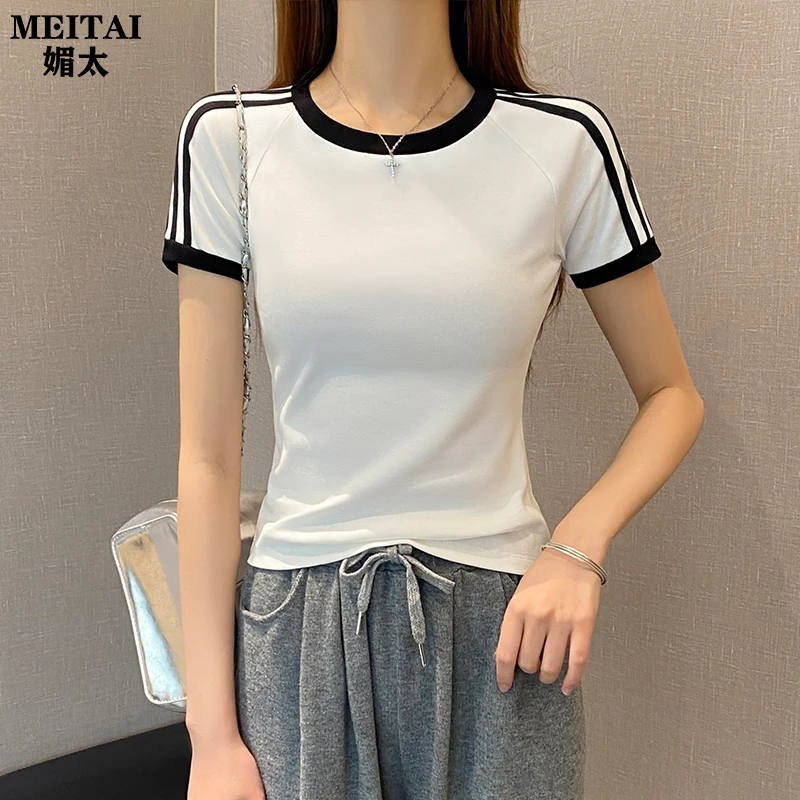 MEITAI媚太圆领撞色短袖t恤女春夏新款修身设计感打底衫百搭上衣