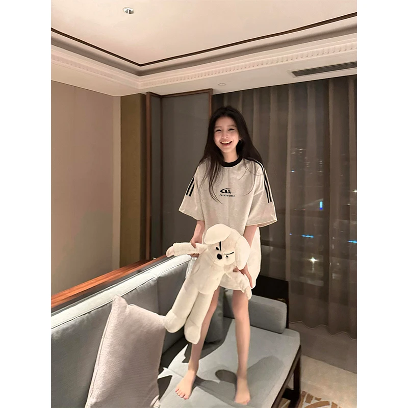 学院风经典三条杠印花短袖2025夏季复古字母休闲透气拼接短袖T恤