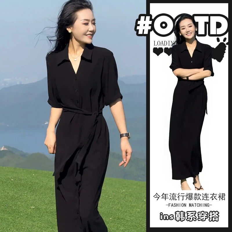 2025年夏季新款高冷御姐风连衣裙女高级感独特黑色收腰显瘦长裙潮