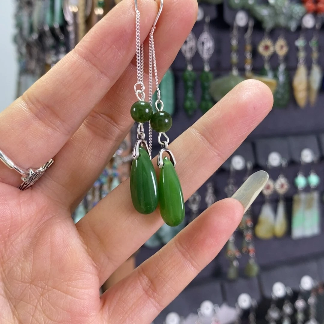 和田玉耳饰银S925镶嵌湘**宝X42