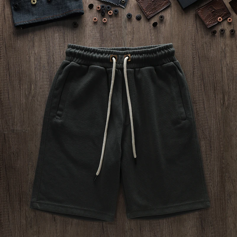 阿瞳牛社重磅针织短裤男做旧复古慵懒松紧腰直筒休闲自制五分裤夏