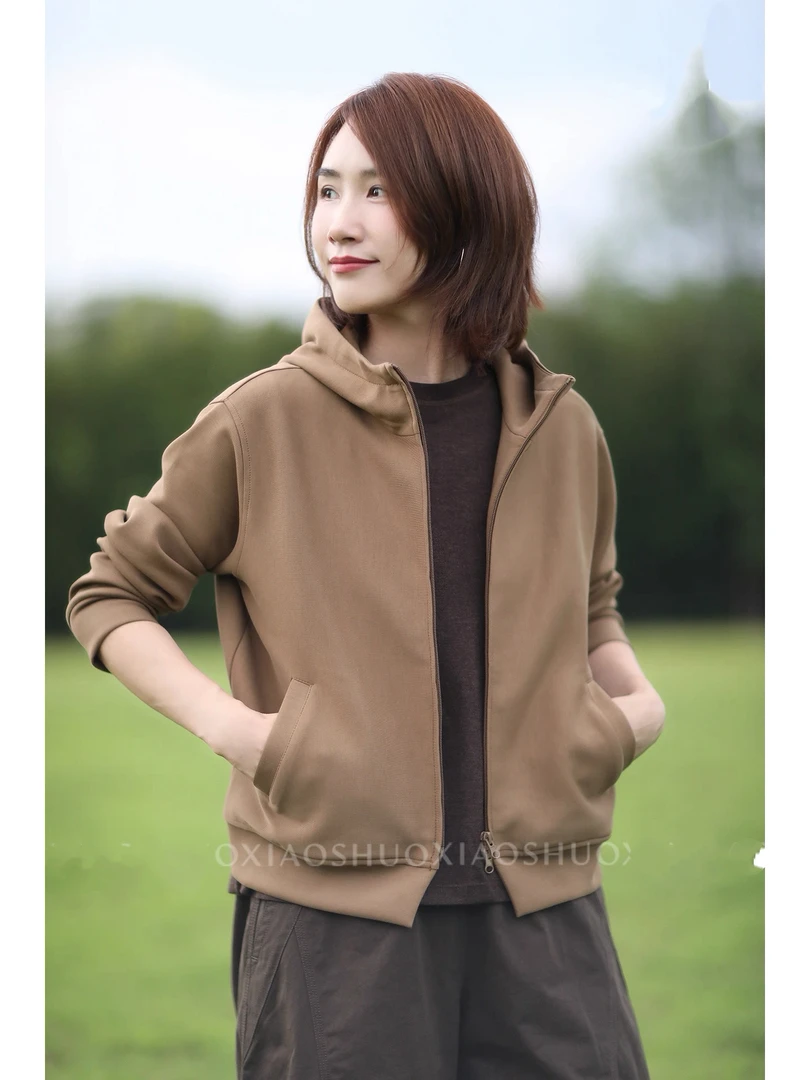 连帽慵懒风短款型拉链女美式卫衣春秋装女士大码驼色上衣外套时尚