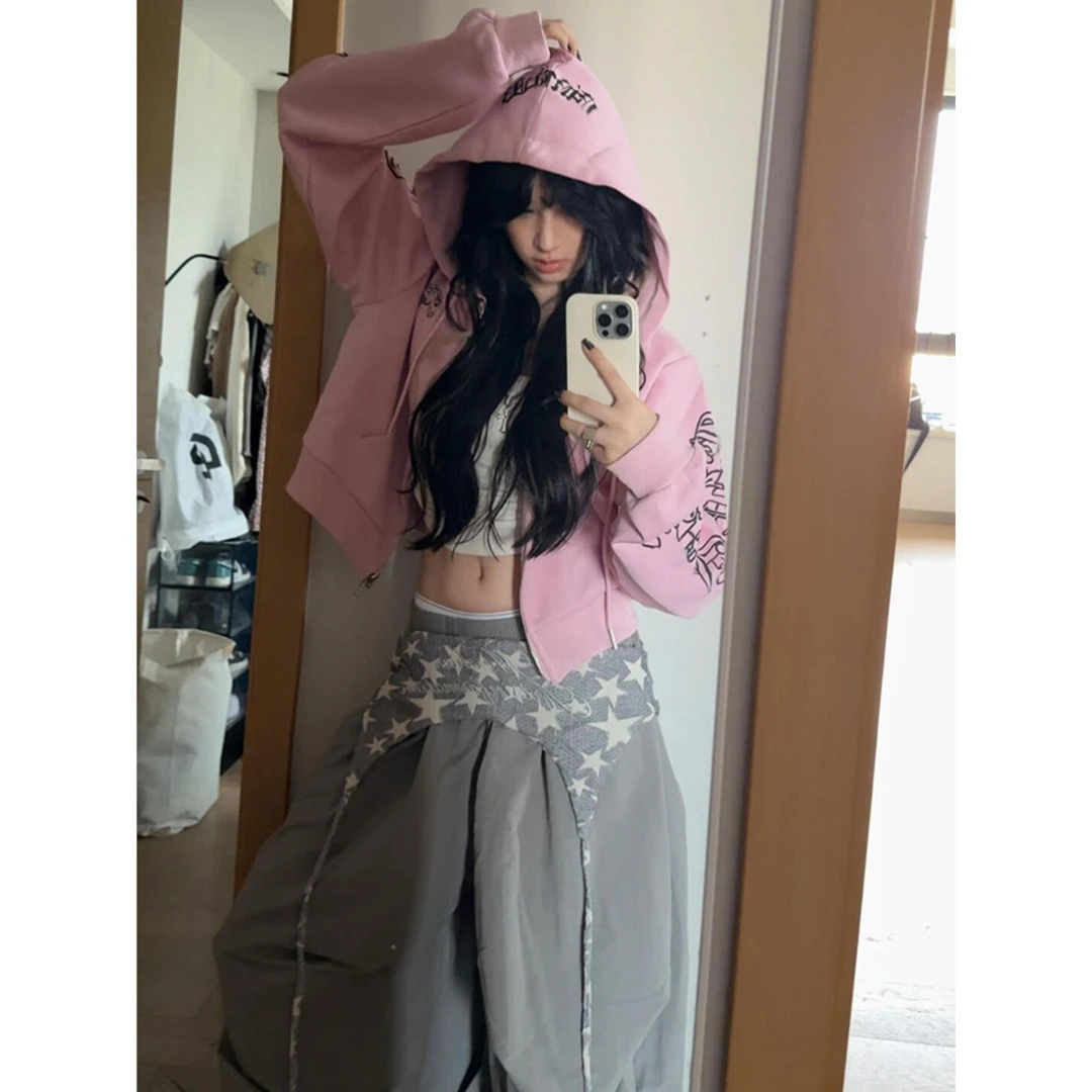 港风字母高街连帽开衫卫衣女春秋覆古短款设计感宽松休闲百搭外套