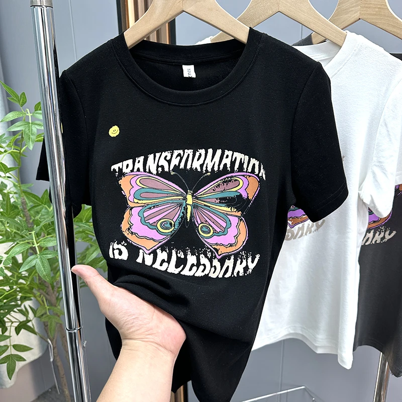 【清仓】印花短袖女2025夏季新款重工修身圆领T恤女上衣