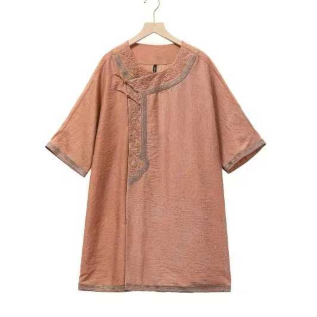 复古上衣夏季薄款做旧25X173中袖提花立体裁剪薄款圆领夏装