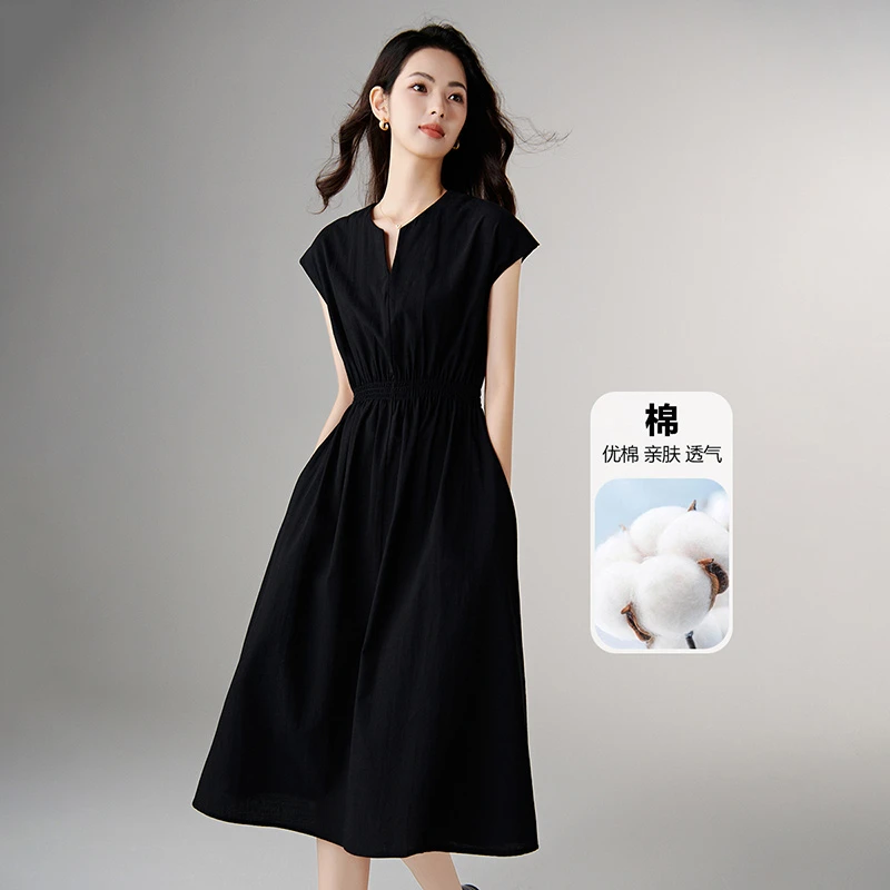 【专享】2025收腰棉质裙子赫本风短袖连衣裙25051963