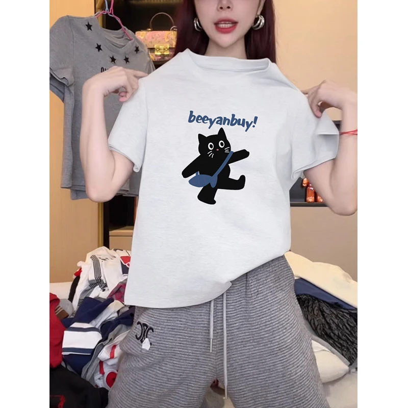 正肩圆领短袖t恤女2025新款时尚百搭洋气显瘦小众上衣打底衫夏季