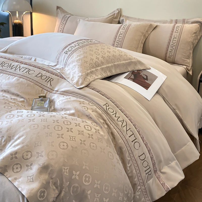 富安娜夏季新款冰丝贡缎提花四件套被套棉床单床笠高级感床上用品