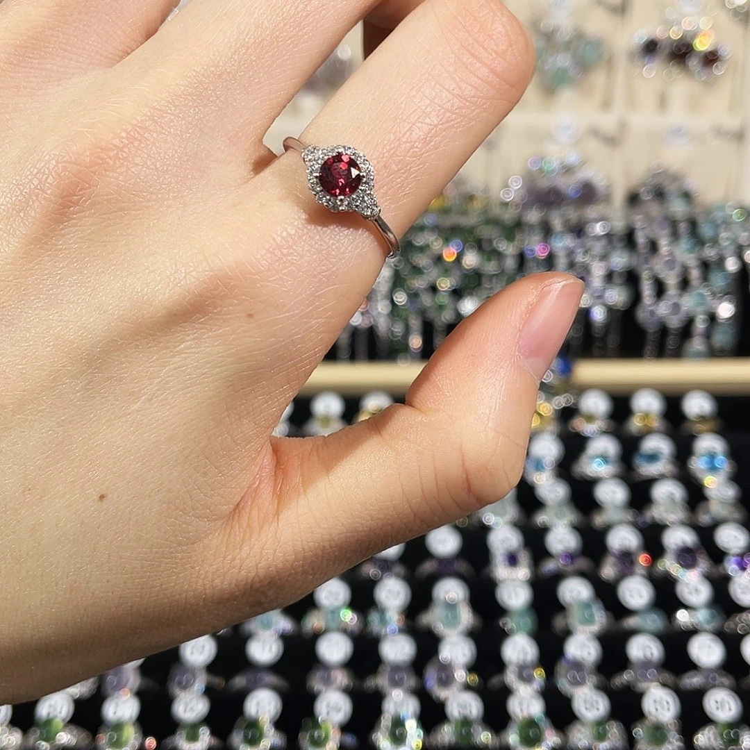 戒指石榴石银S925镶嵌戒指