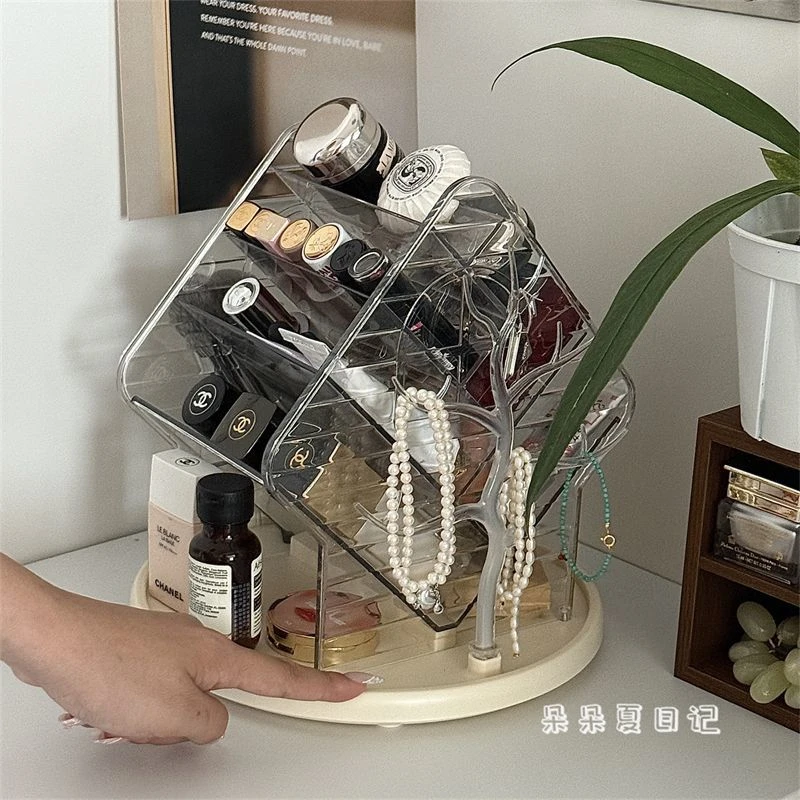 ins风旋转化妆品收纳盒桌面口红整理盒家用高级感化妆刷置物架