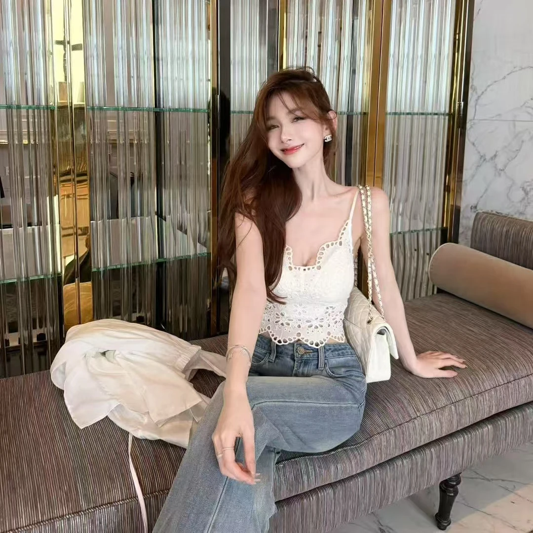 【艺术系女友】纯欲风钩花蕾丝吊带背心美背外穿显瘦百搭短款上衣