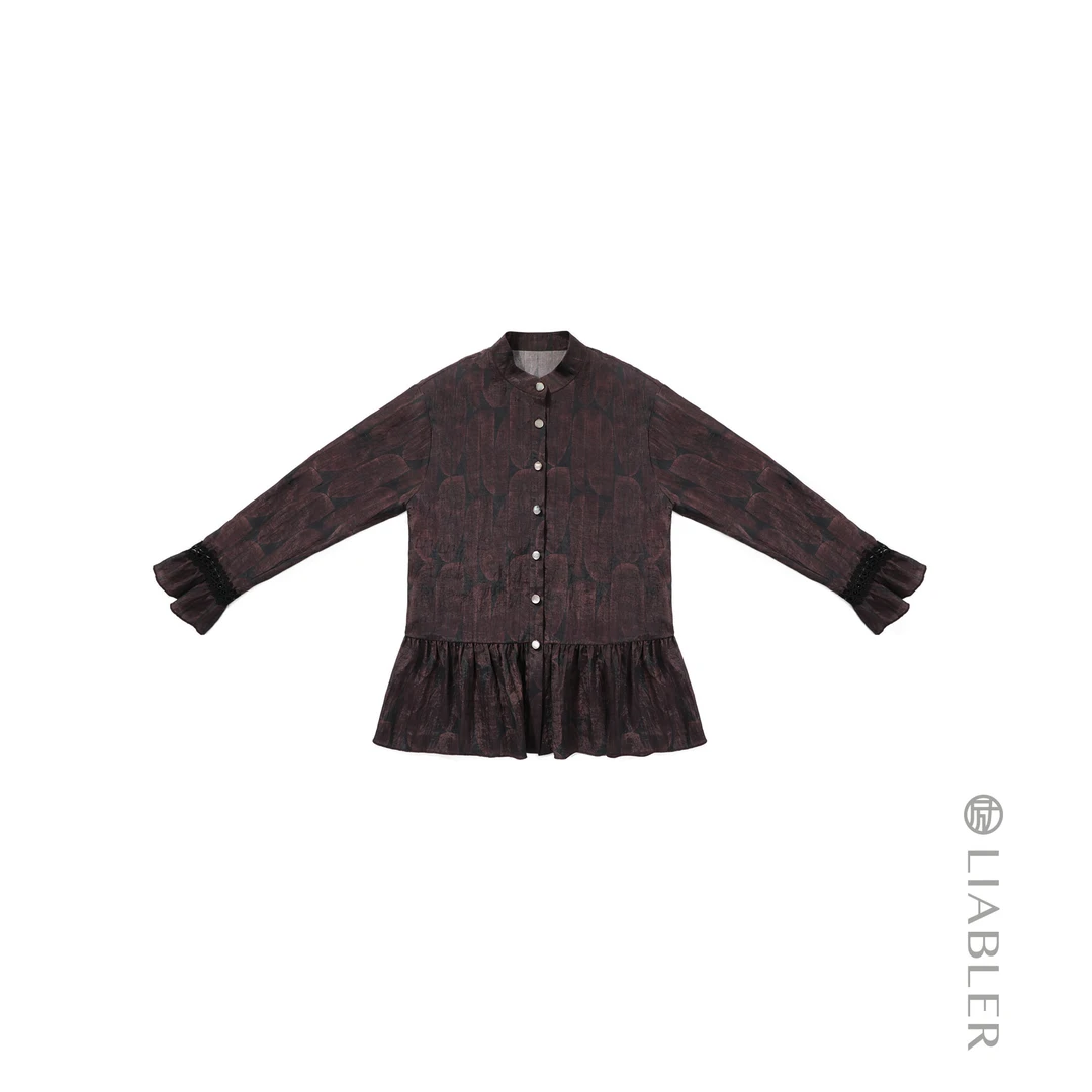 LIABLER/励【迟迟烟雨】2025春夏印花拼接花边压皱上衣 LSS25054J