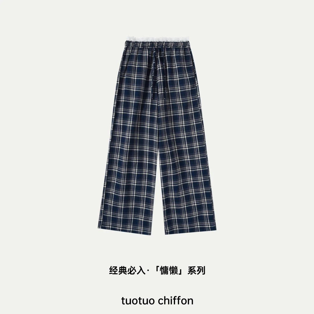 【坨坨耶】慵懒blue格裤 蕾丝拼接高腰格纹直筒休闲裤