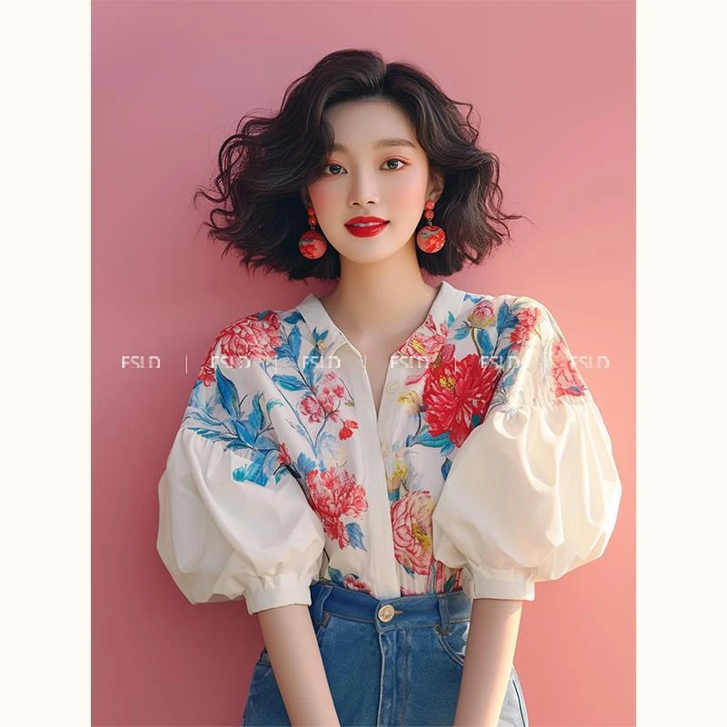 独特漂亮小衫淑女气质法式小上衣泡泡袖碎花衬衫2024新款女装夏季