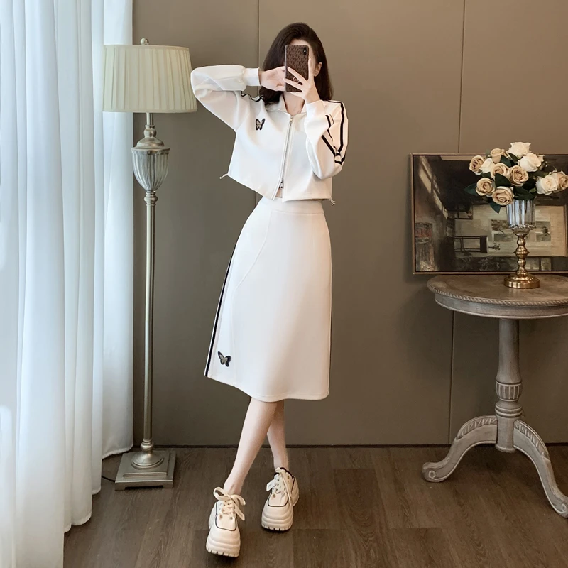 2025时尚减龄休闲套装裙秋冬显瘦修身短开衫休闲包臀半身裙两件套