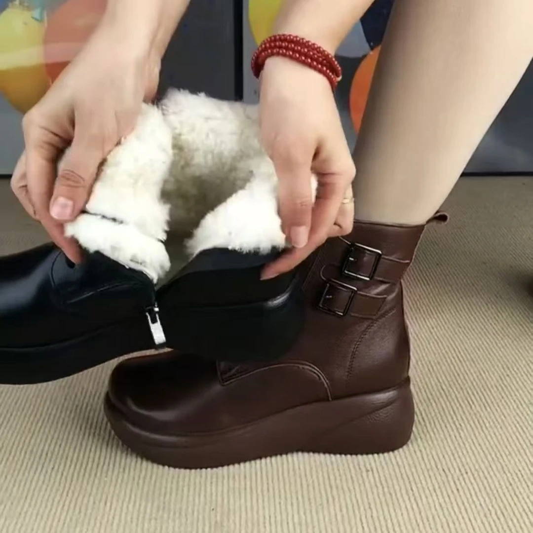 复古休闲加绒厚底秋冬防滑交叉绑带时尚百搭软底平跟马丁靴英伦风