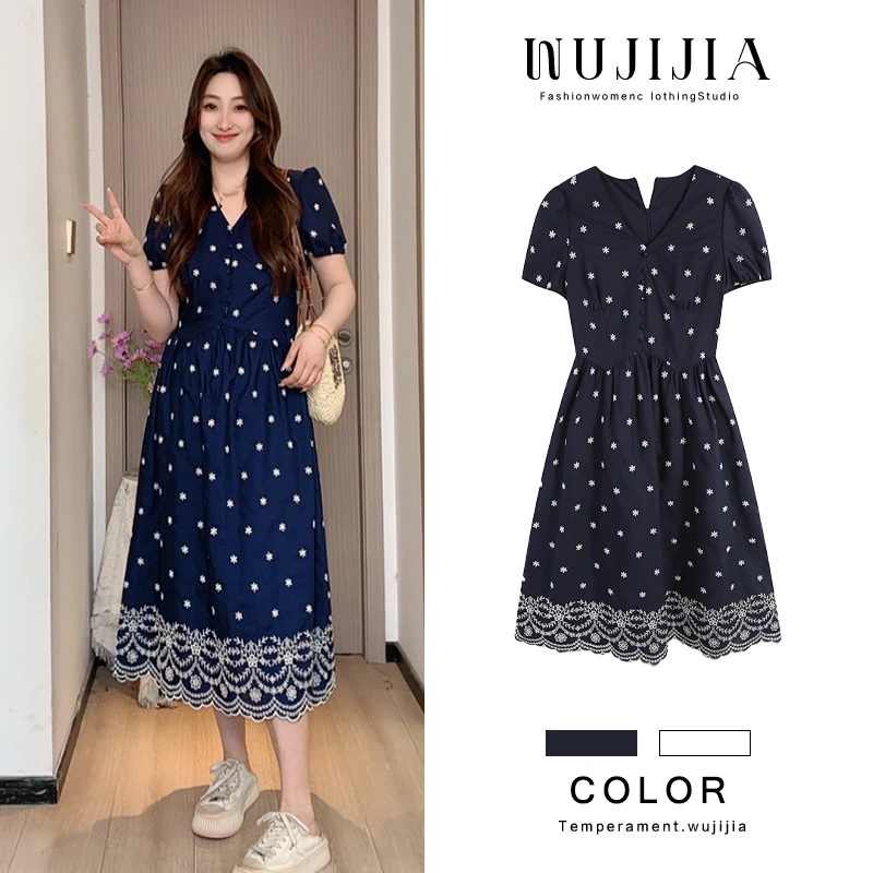 【椰林海风】藏青色时尚连衣裙中长款夏季收腰碎花气质裙子显瘦减龄