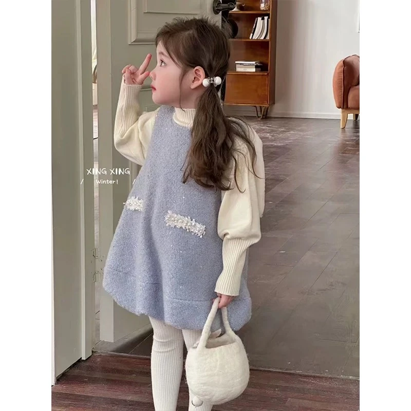 女童加绒背心裙两件套亮片洋气百搭连衣裙