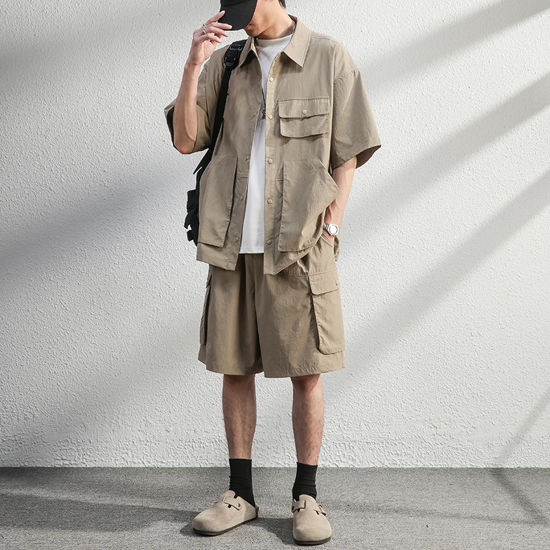 JEEPSPIRIT吉普工装短袖衬衫套装男夏季薄款休闲套装两件套短裤