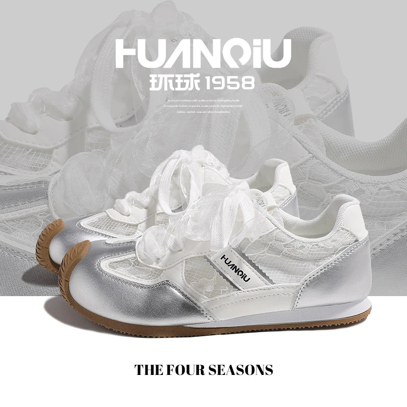 环球银色德训鞋女夏季新款芭蕾鞋子女蕾丝小白鞋小众百搭休闲板鞋