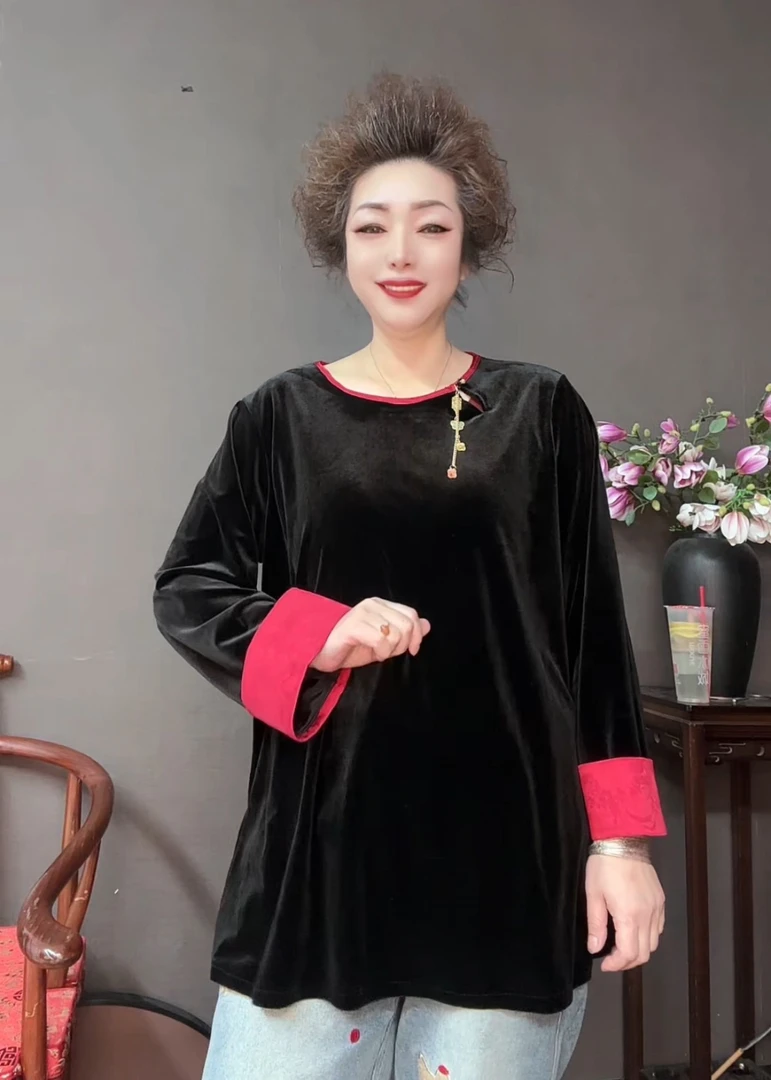 三姐家新中式彩色包边袖口宽松丝绒上衣