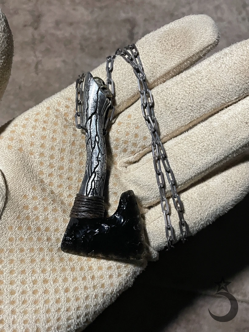 双眼裂纹/黑耀斧/925银柄/手工打制吊坠