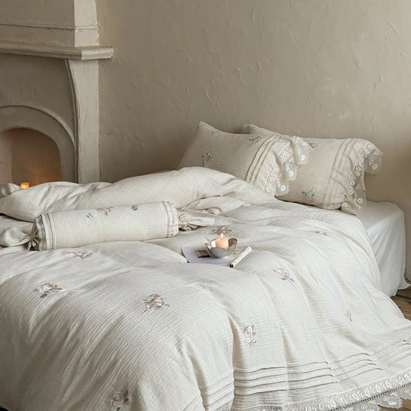 法式亚麻全棉四件套公主风刺绣蕾丝花边纯棉亲肤被套床单床上用品