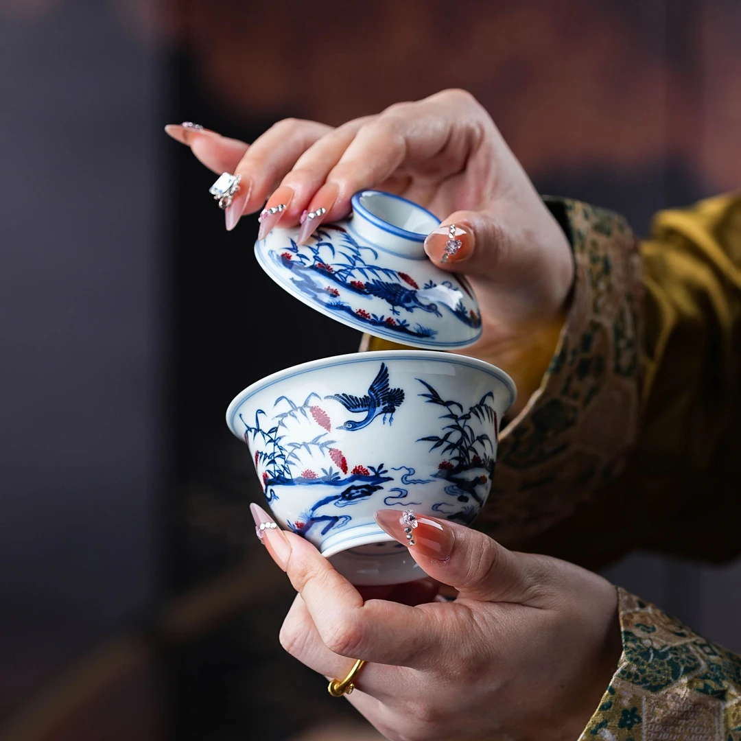 片云晚谷釉里红芦雁盖碗小盖碗茶盖碗茶具陶瓷纯手工中式PYWG21