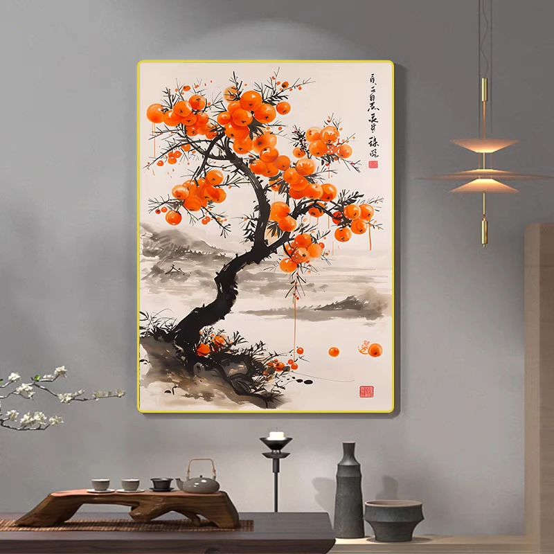 Q03柿柿如意餐厅背景墙装饰画新中式餐厅单幅挂画百搭玄关画