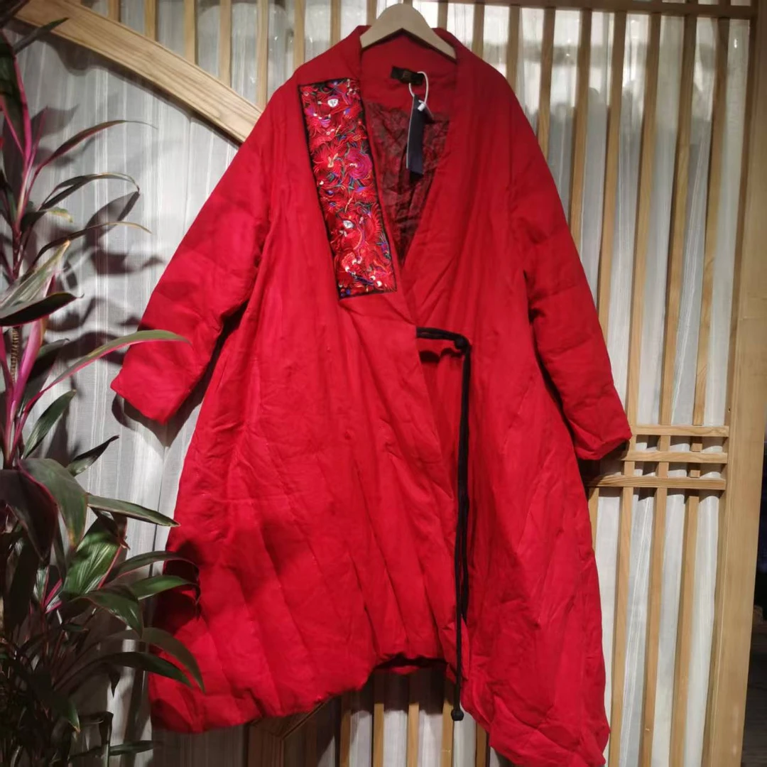 凤徕兮私人定制红色亚麻系带长款棉服（秋冬15）孤
