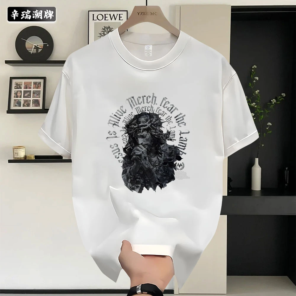 夏季纯棉嘻哈美式高街痞帅复古印花重磅短袖男生宽松休闲百搭上衣