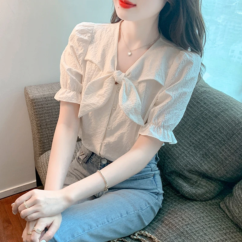 蝴蝶结短袖雪纺T恤女2025年新款夏装小个子洋气上衣漂亮别致小衫