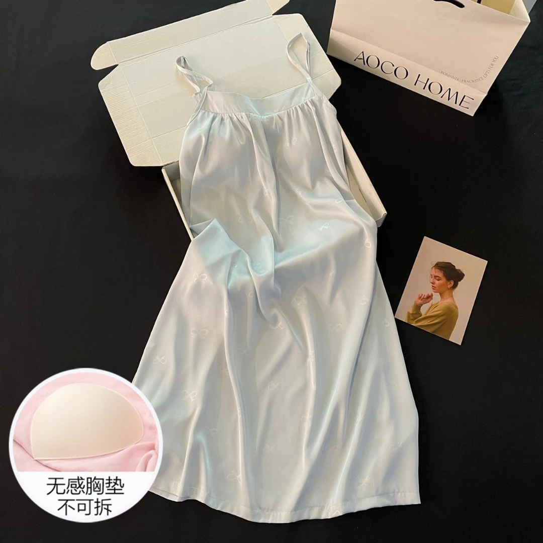 冰丝睡衣女夏季吊带睡裙性感带胸垫凉感蓝色2025新款高级感家居服