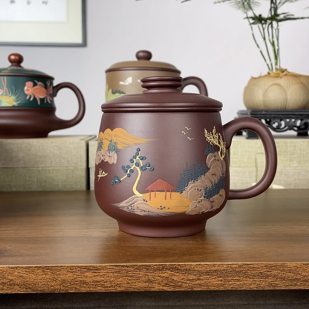 茶杯紫砂泥绘山水400三件套大肚杯