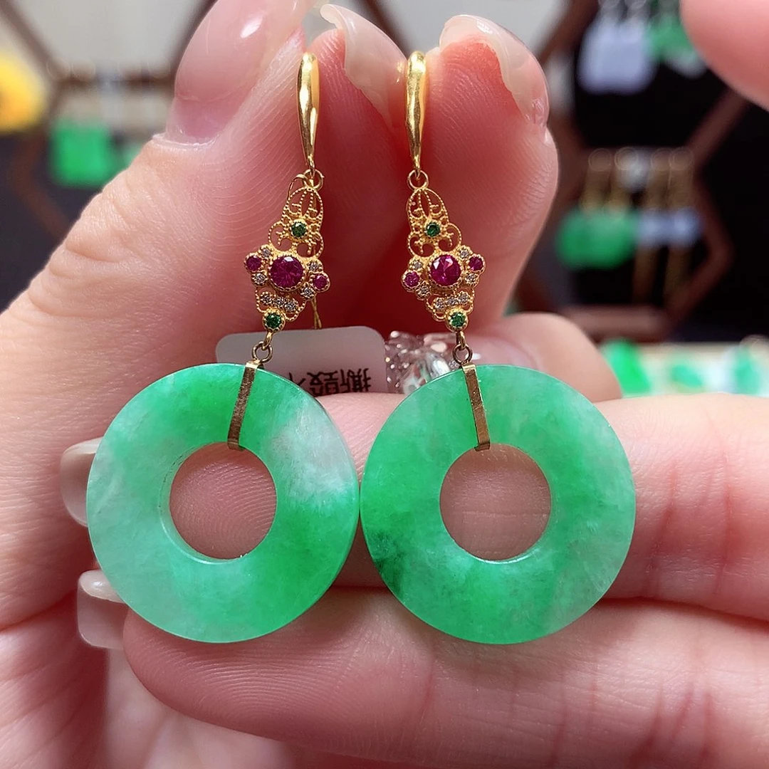 翡翠耳饰18K金镶嵌天然翡翠