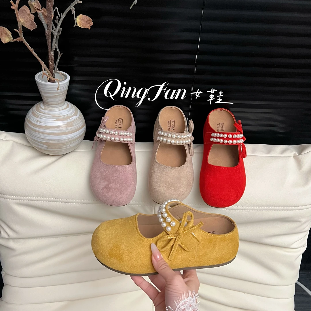 时尚珍珠一脚蹬包头半拖鞋女外穿2025春夏季新款勃肯懒人厚底凉拖