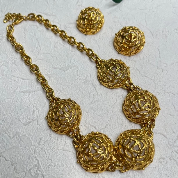 铜合金项链 【六六中古】孤品复古项链耳夹套装th4335