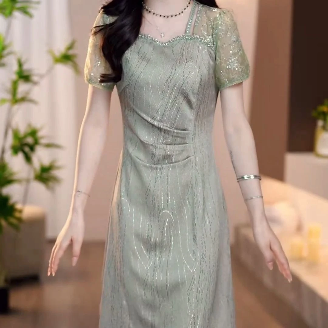 洋气减龄花萝缎时尚收腰显瘦裙子2025显瘦短袖连衣裙夏季新款遮肉