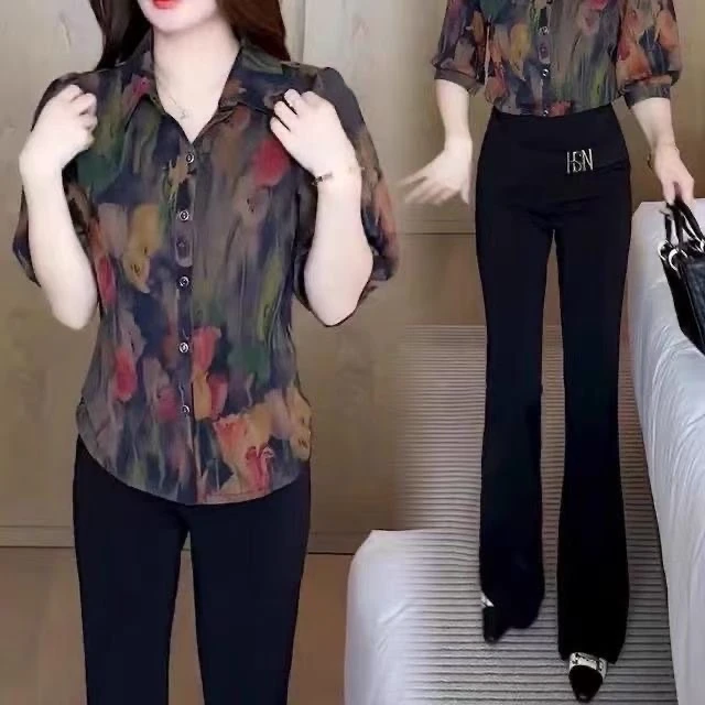 夏季新款印花衬衫女洋气宽松遮肚子薄款漂亮小衫上衣女