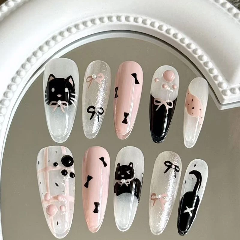 法式可爱猫咪立体点点手工穿戴甲纯欲细闪可爱手绘蝴蝶结辣妹显白