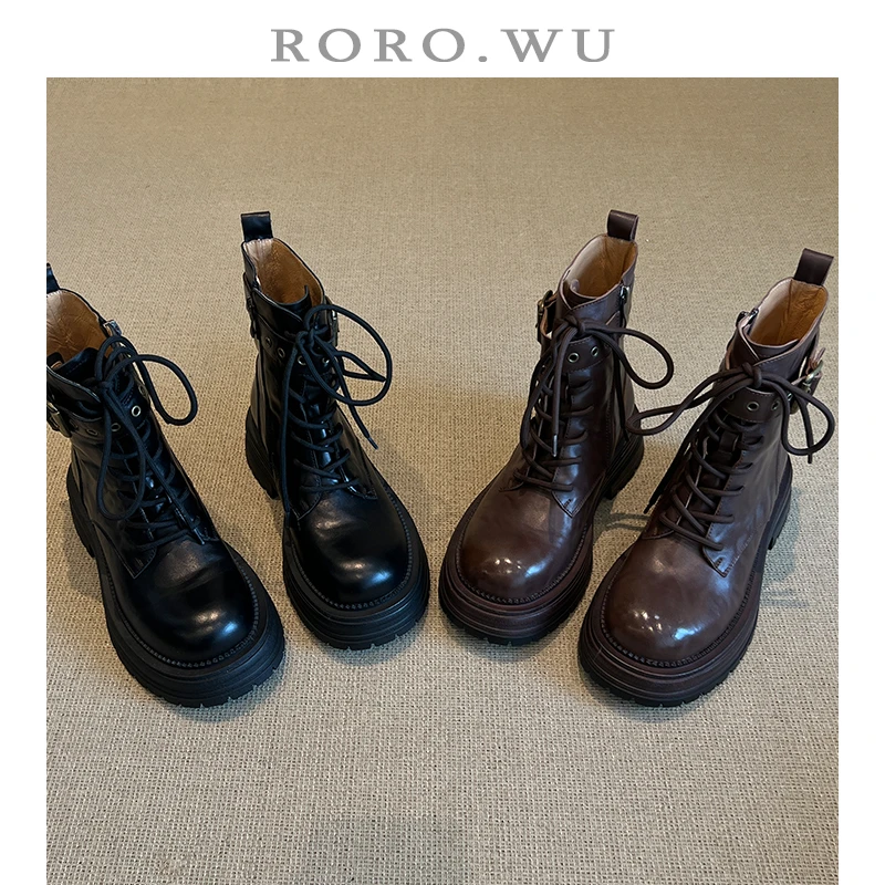 娆娆吴·头层牛皮厚底减龄时尚百搭秋冬款圆头系带马丁靴X382
