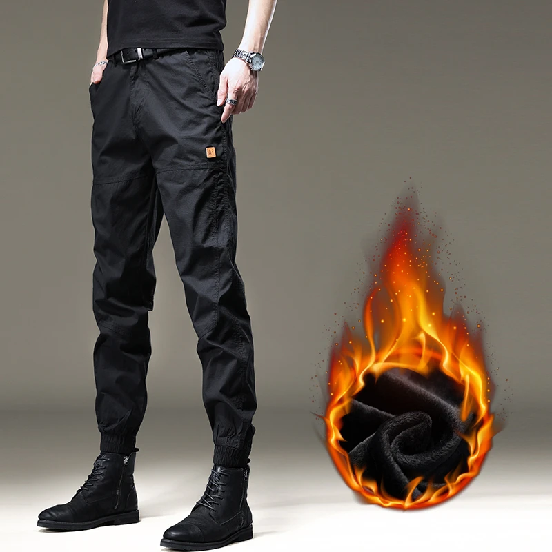 秋冬弹力美式拼接宽松工装裤男百搭束脚潮流加绒裤男青年加厚裤子