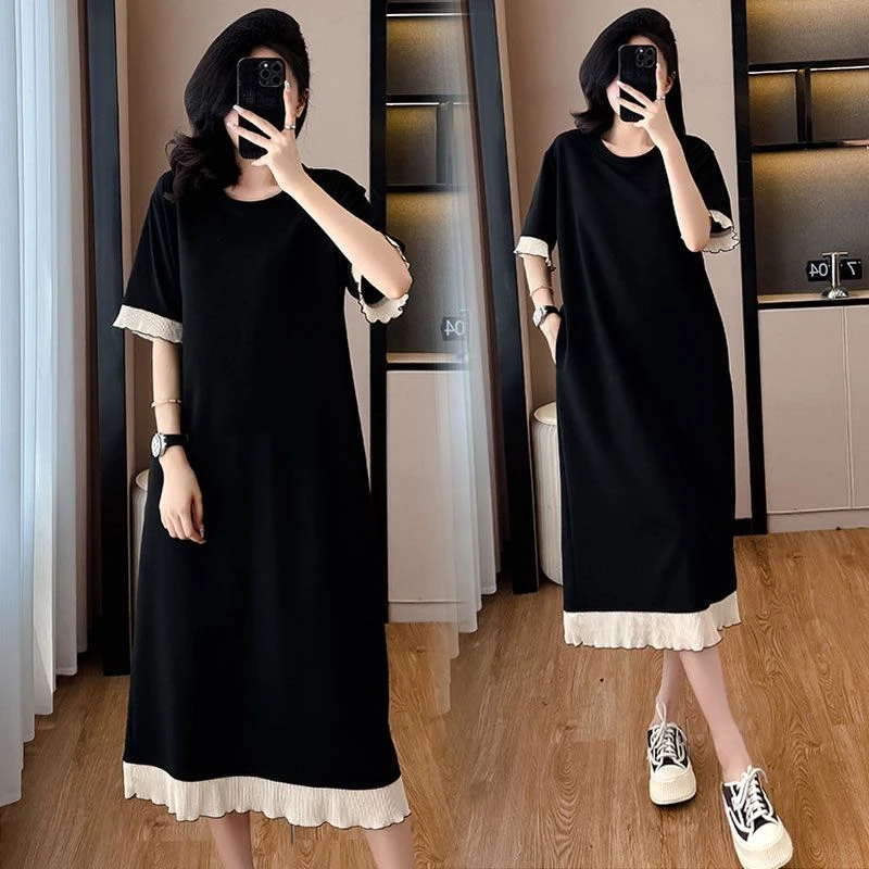 俞兆林网红爆款休闲拼接连衣裙夏短袖减龄中长款T恤裙胖mm高级显