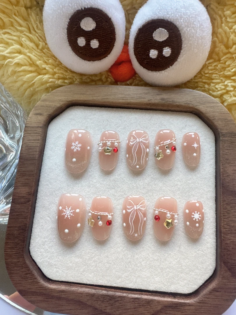 【甜系圣诞】裸粉穿戴甲蝴蝶结雪花水钻珍珠立体节日氛围感可拆卸